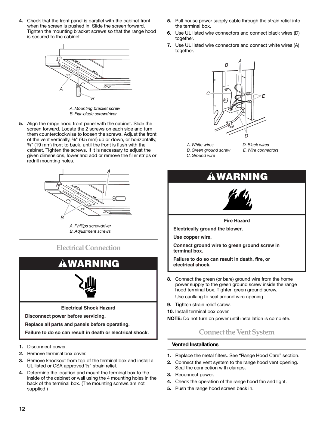 KitchenAid W10267109C installation instructions Electrical Connection, ConnecttheVentSystem, Vented Installations 