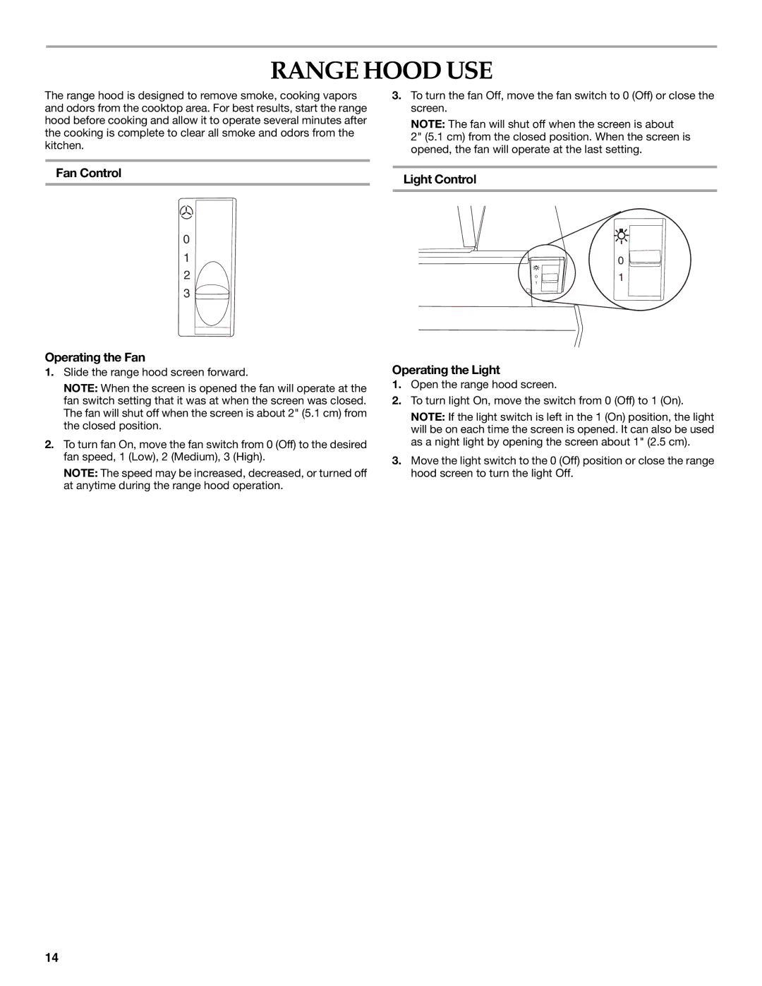 KitchenAid W10267109C Range Hood USE, Fan Control Operating the Fan, Light Control Operating the Light 