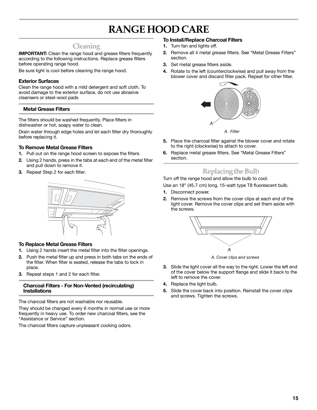 KitchenAid W10267109C installation instructions Range Hood Care, Cleaning, Replacing the Bulb 