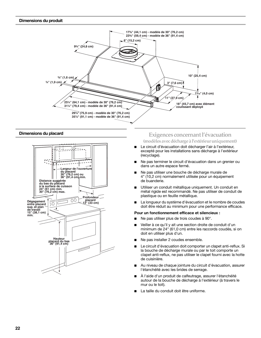 KitchenAid W10267109C Dimensions du produit, Dimensions du placard, Pour un fonctionnement efficace et silencieux 