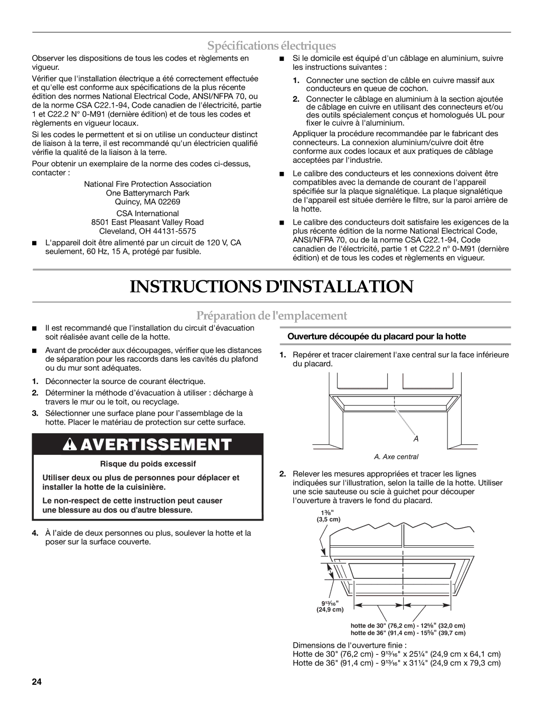 KitchenAid W10267109C Instructions Dinstallation, Spécifications électriques, Préparationdelemplacement 