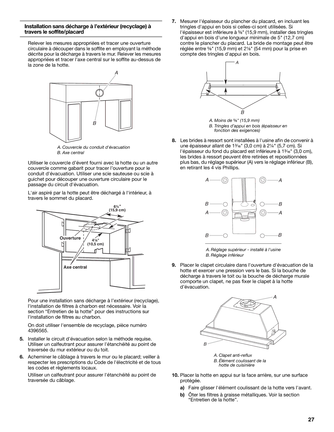 KitchenAid W10267109C installation instructions Couvercle du conduit dévacuation Axe central 