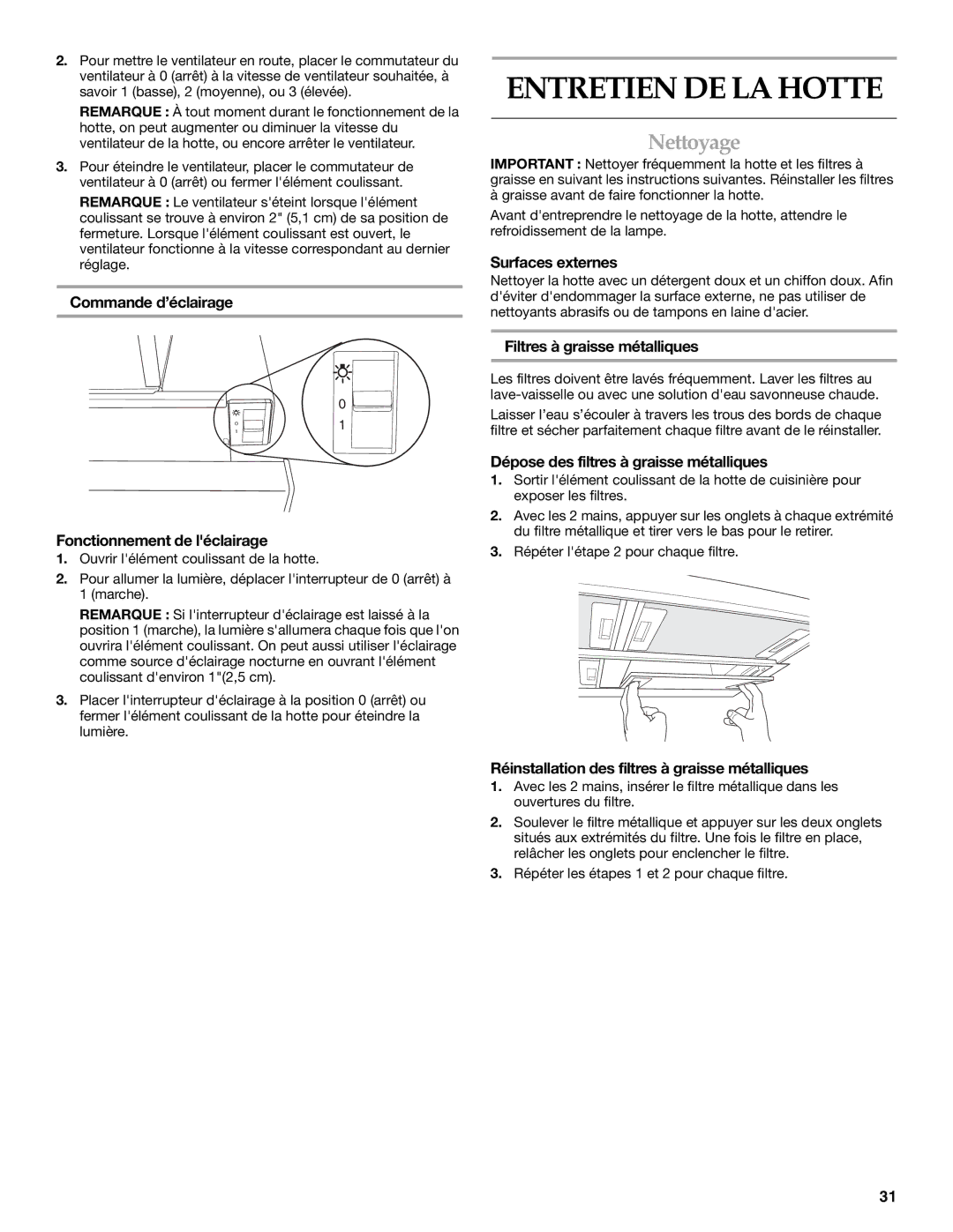 KitchenAid W10267109C installation instructions Entretien DE LA Hotte, Nettoyage 