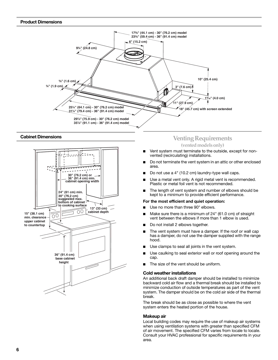 KitchenAid W10267109C Product Dimensions, Cabinet Dimensions, Cold weather installations, Makeup air 