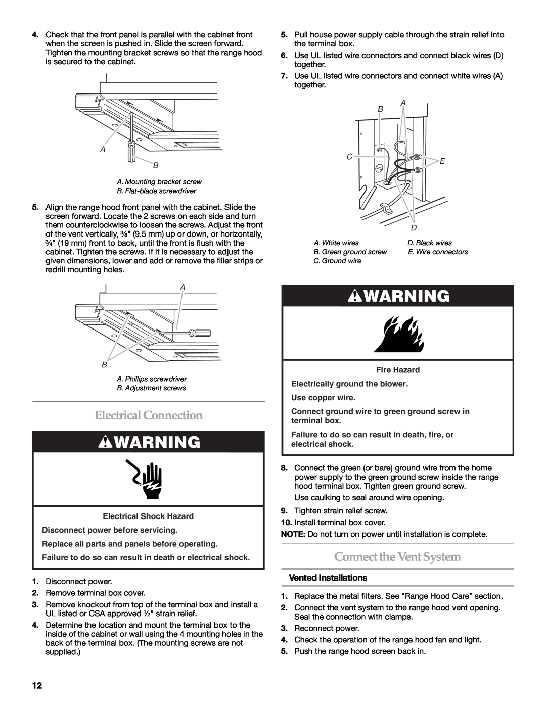KitchenAid W10267109C installation instructions Electrical Connection, ConnecttheVentSystem, Vented Installations 