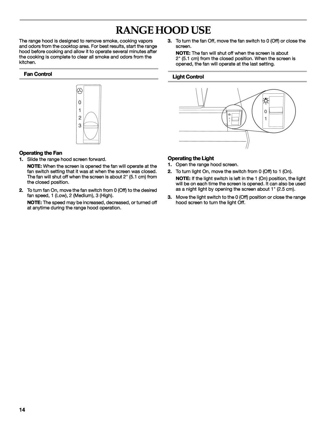 KitchenAid W10267109C Range Hood Use, Fan Control, Operating the Fan, Light Control, Operating the Light 