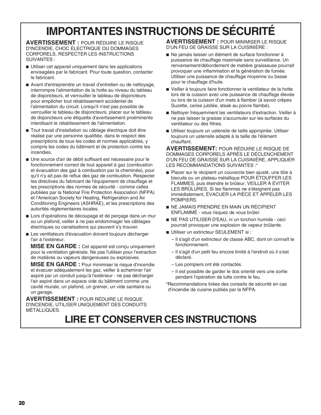 KitchenAid W10267109C installation instructions Importantes Instructions De Sécurité, Lire Et Conserver Ces Instructions 
