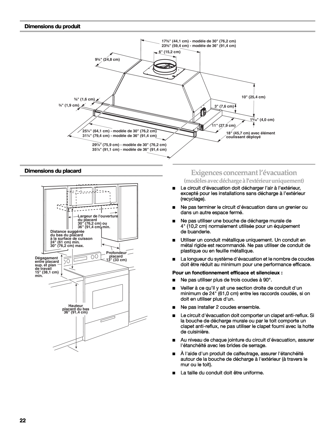 KitchenAid W10267109C Dimensions du produit, Pour un fonctionnement efficace et silencieux, Dimensions du placard 