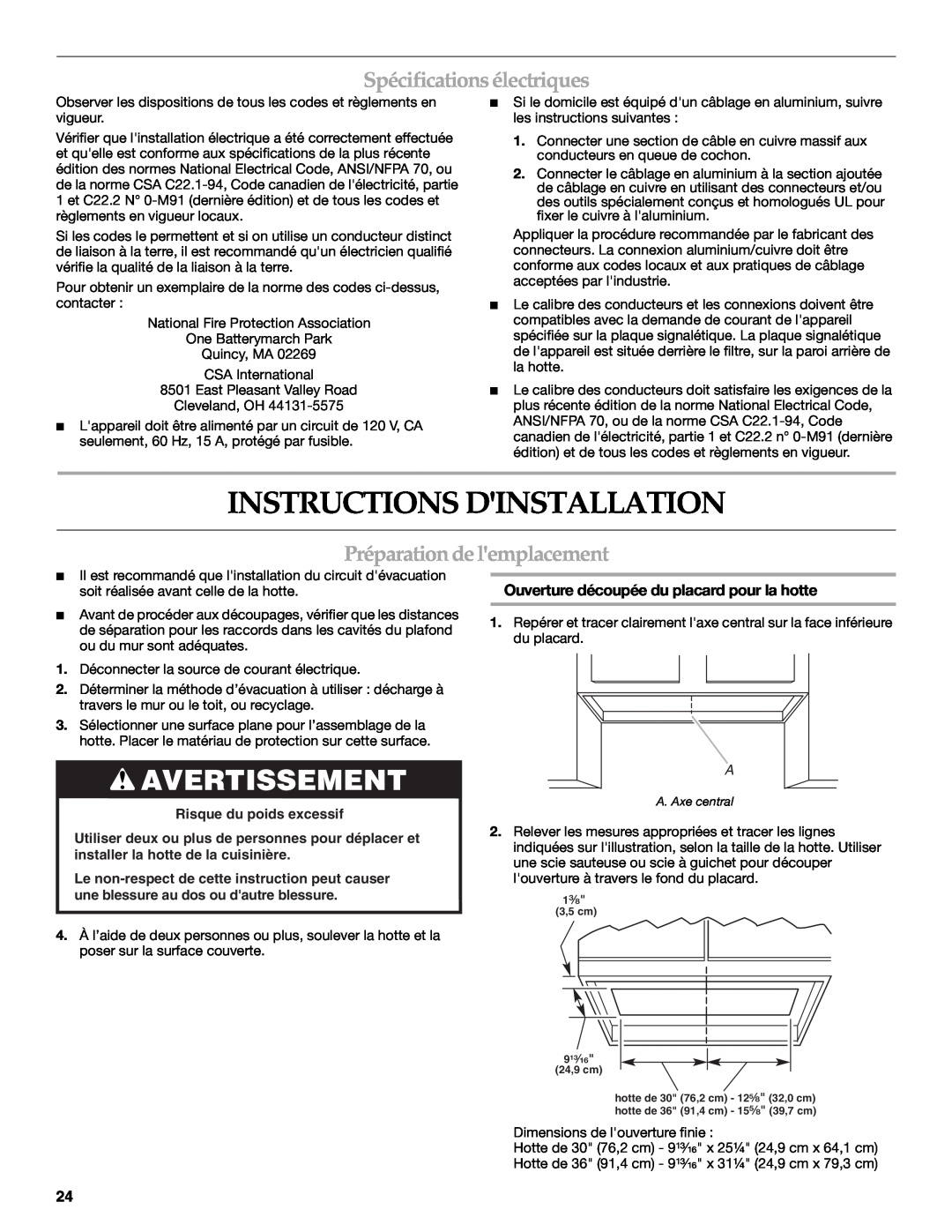 KitchenAid W10267109C Instructions Dinstallation, Avertissement, Spécifications électriques, Préparationdelemplacement 