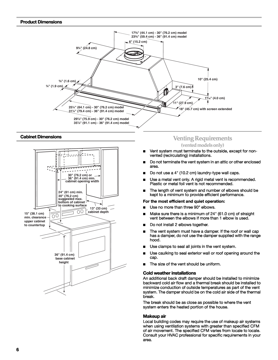 KitchenAid W10267109C Product Dimensions, Cabinet Dimensions, Cold weather installations, Makeup air, VentingRequirements 