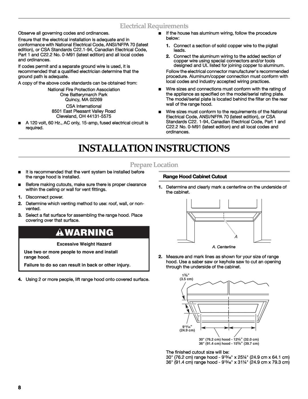 KitchenAid W10267109C Installation Instructions, ElectricalRequirements, PrepareLocation, Range Hood Cabinet Cutout 