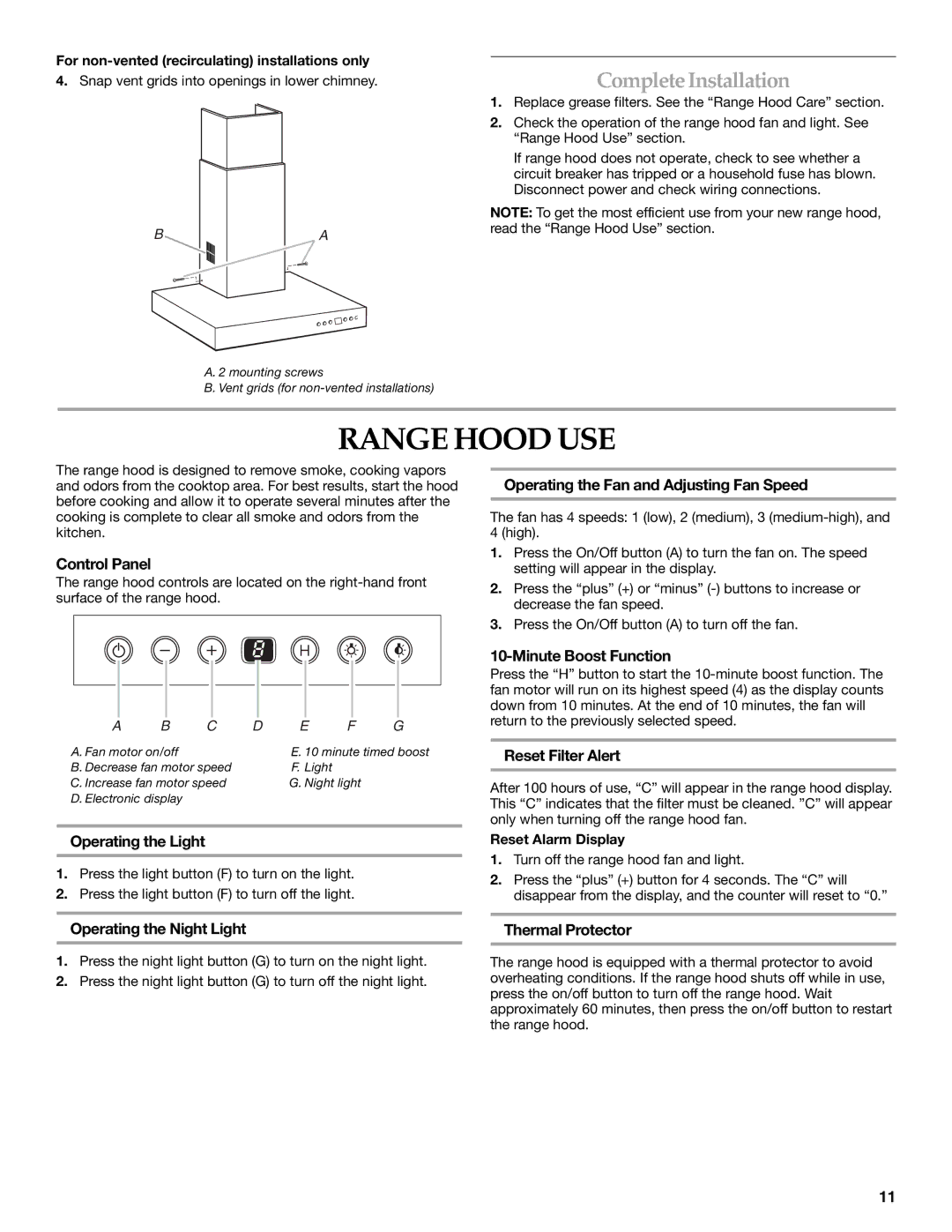 KitchenAid W10268948C installation instructions Range Hood USE, Complete Installation 