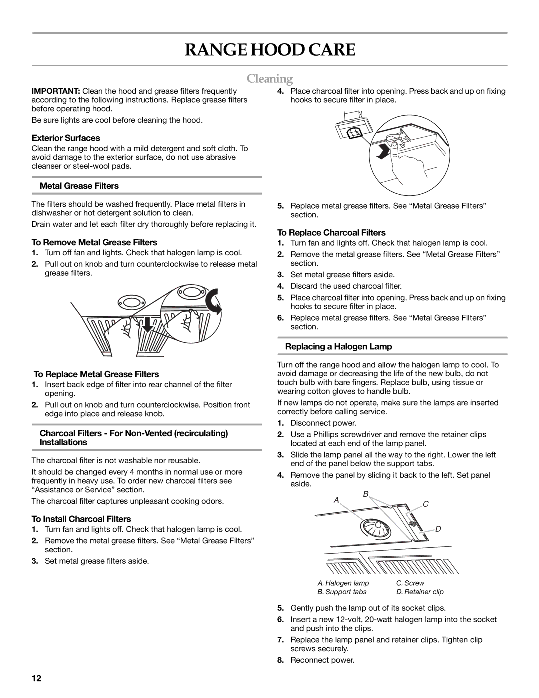 KitchenAid W10268948C installation instructions Range Hood Care, Cleaning 