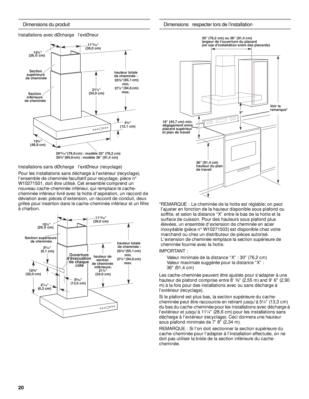 KitchenAid W10268948C installation instructions Dimensions du produit, Dimensions à respecter lors de linstallation 