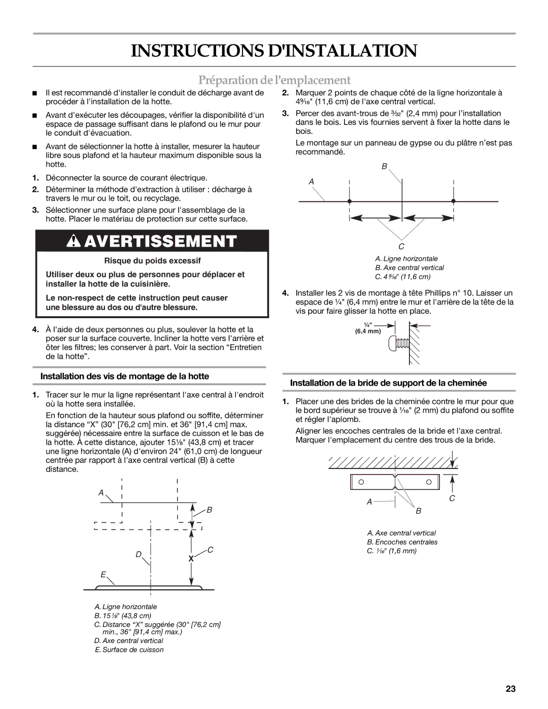 KitchenAid W10268948C Instructions Dinstallation, Préparationdelemplacement, Installation des vis de montage de la hotte 