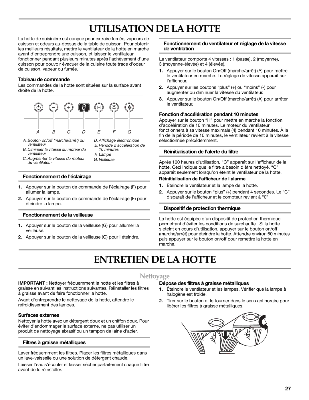 KitchenAid W10268948C installation instructions Utilisation DE LA Hotte, Entretien DE LA Hotte, Nettoyage 