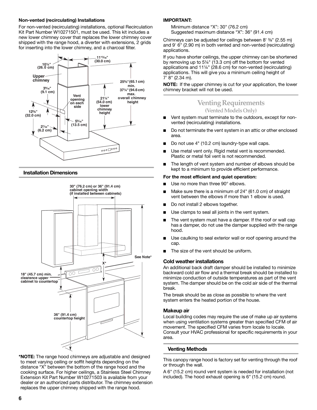 KitchenAid W10268948C VentingRequirements, Installation Dimensions, Cold weather installations, Makeup air 