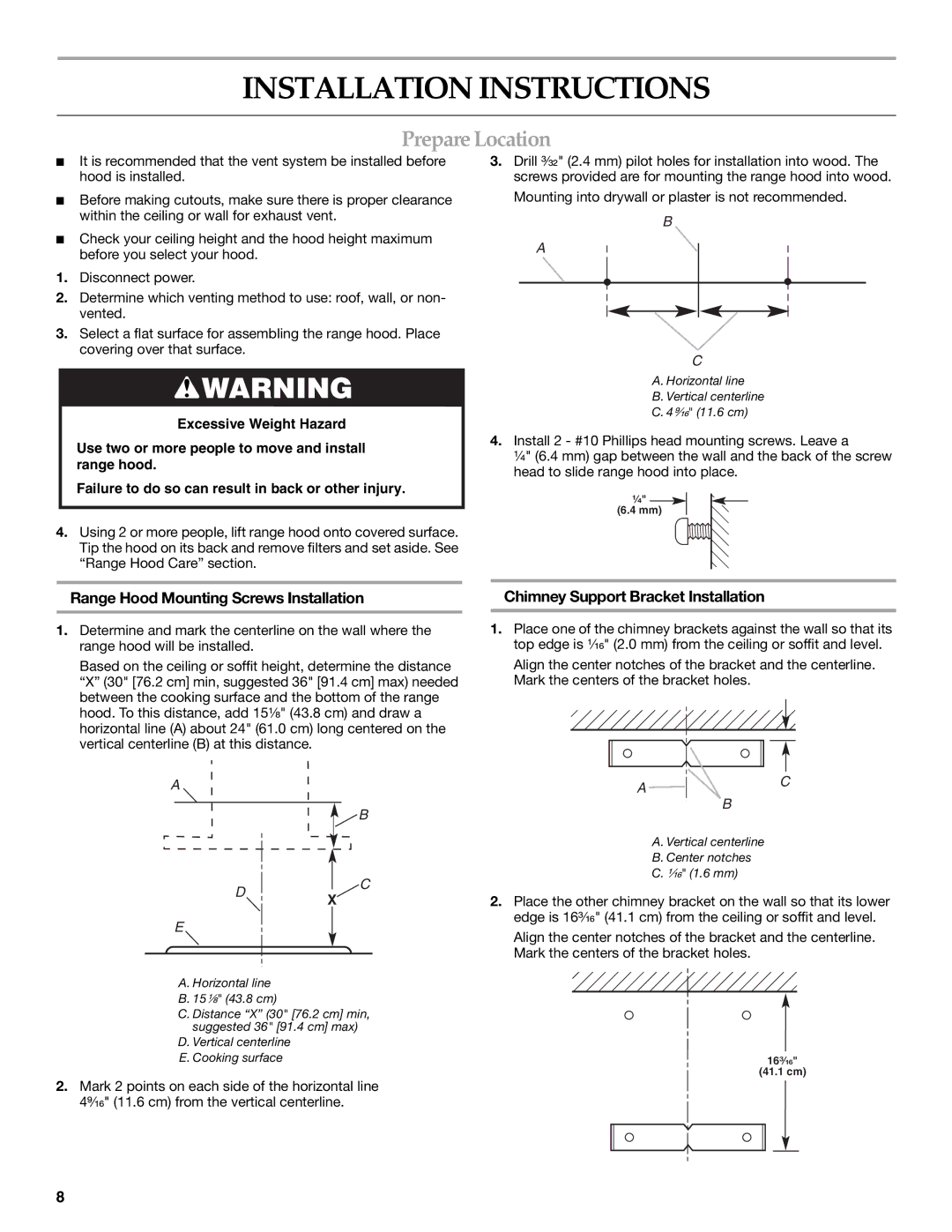 KitchenAid W10268948C Installation Instructions, PrepareLocation, Range Hood Mounting Screws Installation 