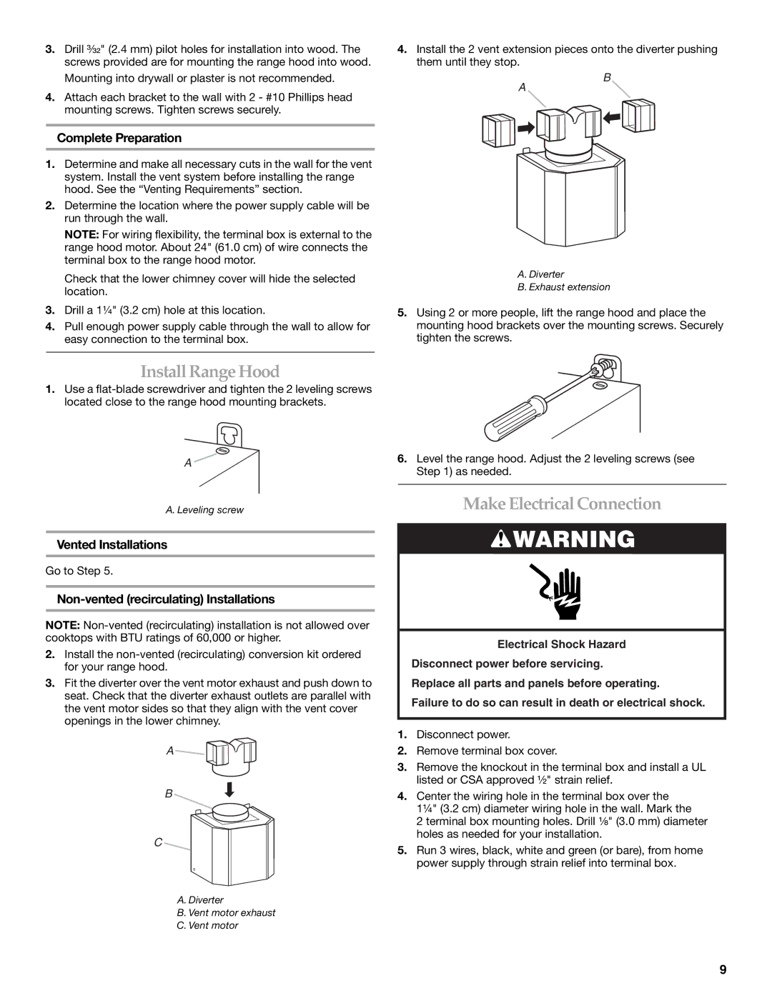 KitchenAid W10268948C InstallRange Hood, Make Electrical Connection, Complete Preparation, Vented Installations 