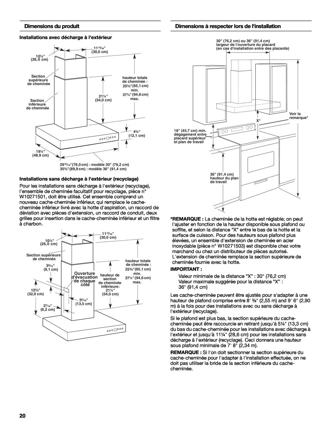 KitchenAid W10268948C installation instructions Dimensions du produit, Dimensions à respecter lors de linstallation 