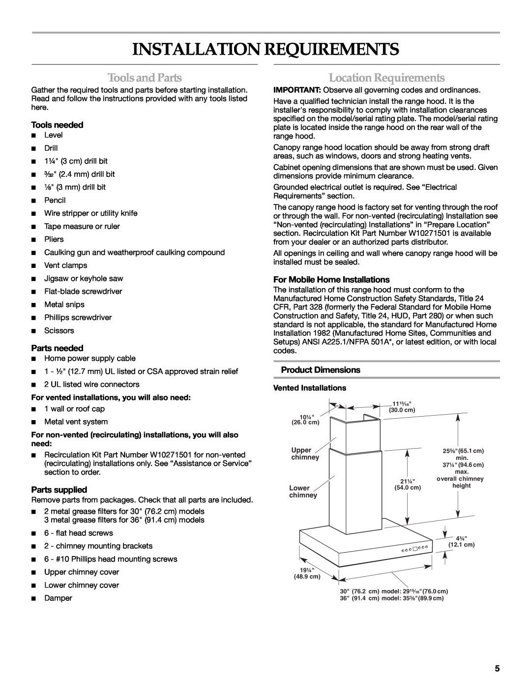 KitchenAid W10268948C Installation Requirements, ToolsandParts, Location Requirements, Tools needed, Parts needed 