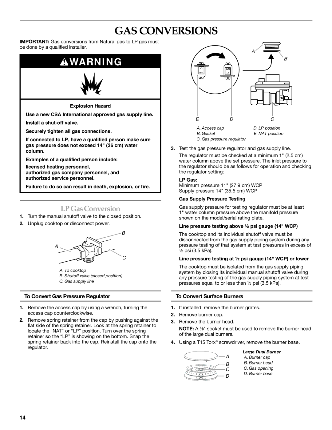 KitchenAid W10271686B GAS Conversions, LP Gas Conversion, To Convert Gas Pressure Regulator, To Convert Surface Burners 