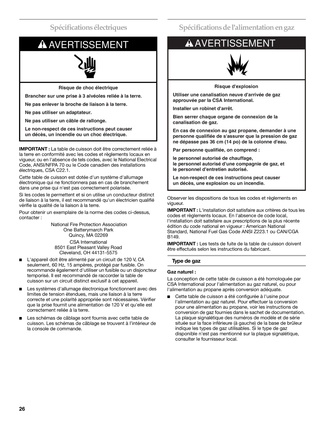 KitchenAid W10271686B Spécifications électriques, Spécifications de lalimentation en gaz, Type de gaz, Gaz naturel 