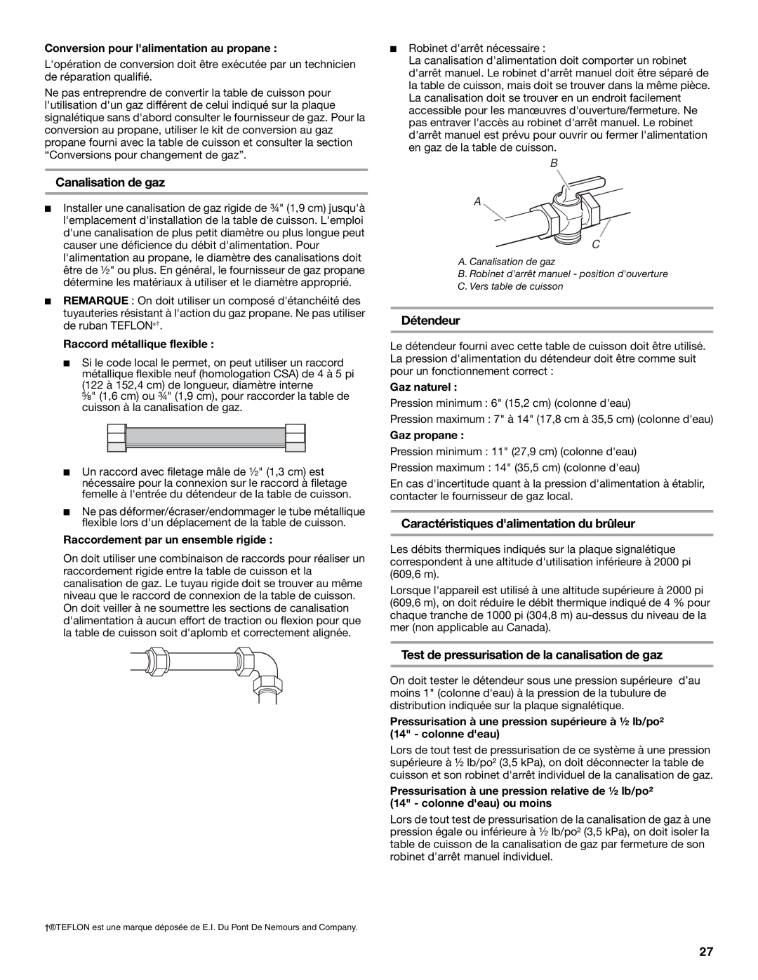 KitchenAid W10271686B installation instructions Canalisation de gaz, Détendeur, Caractéristiques dalimentation du brûleur 