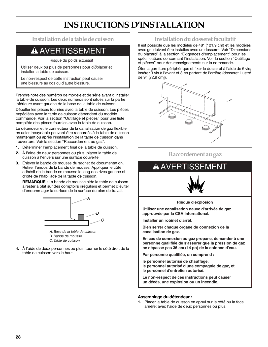 KitchenAid W10271686B Instructions D’INSTALLATION, Installation de la table de cuisson, Raccordement au gaz 