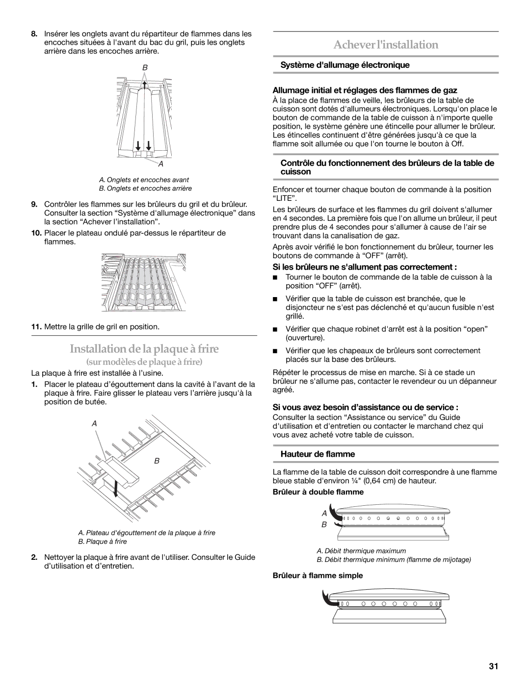 KitchenAid W10271686B installation instructions Installation de la plaque à frire, Achever linstallation, Hauteur de flamme 