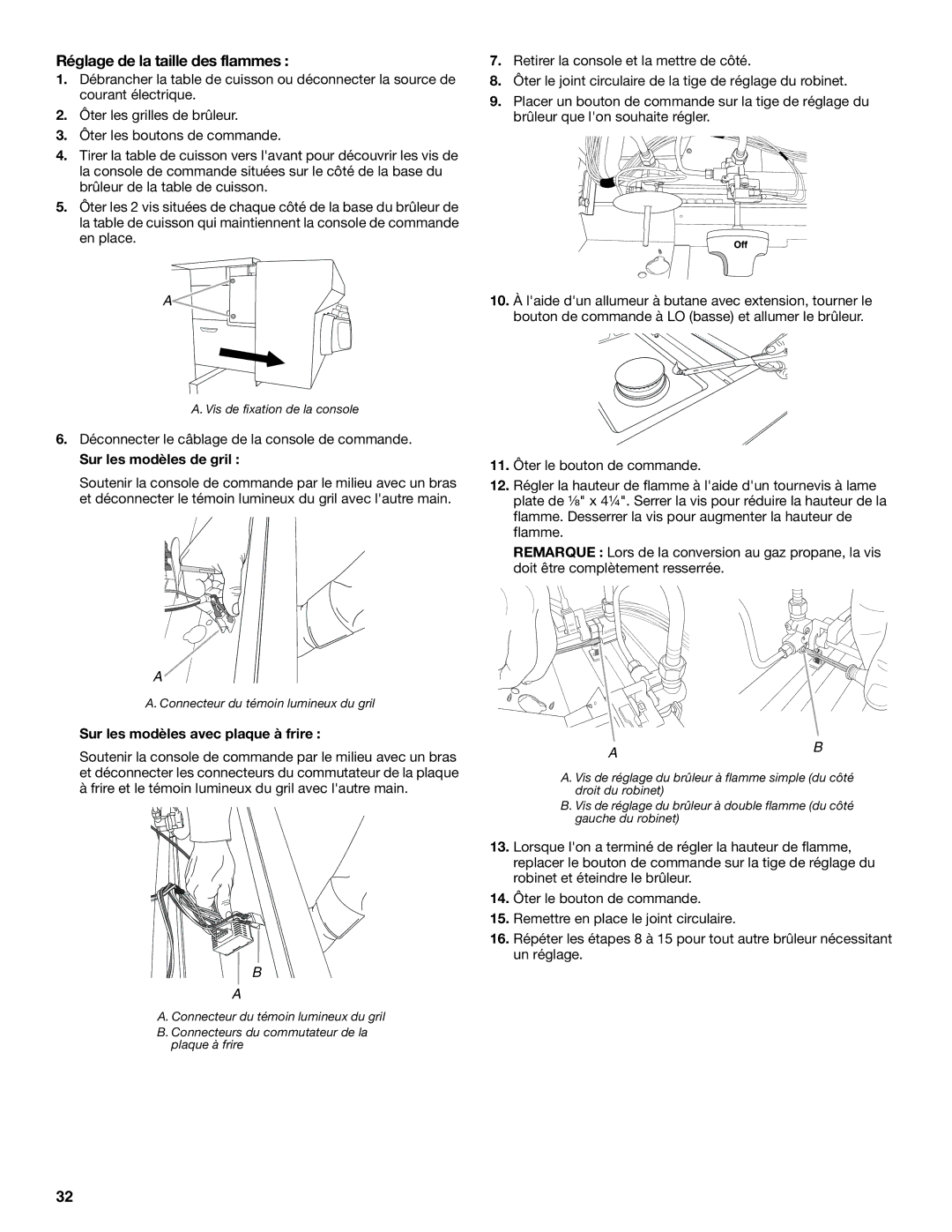 KitchenAid W10271686B Réglage de la taille des flammes, Sur les modèles de gril, Sur les modèles avec plaque à frire 