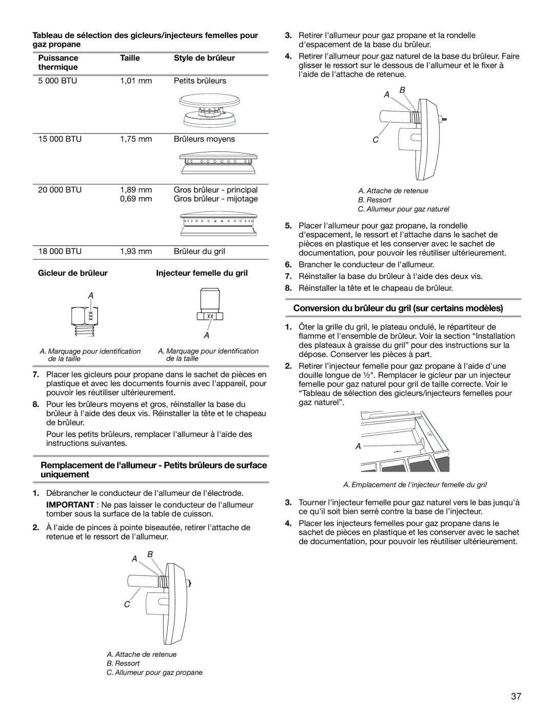 KitchenAid W10271686B installation instructions 18 000 BTU 93 mm Brûleur du gril 