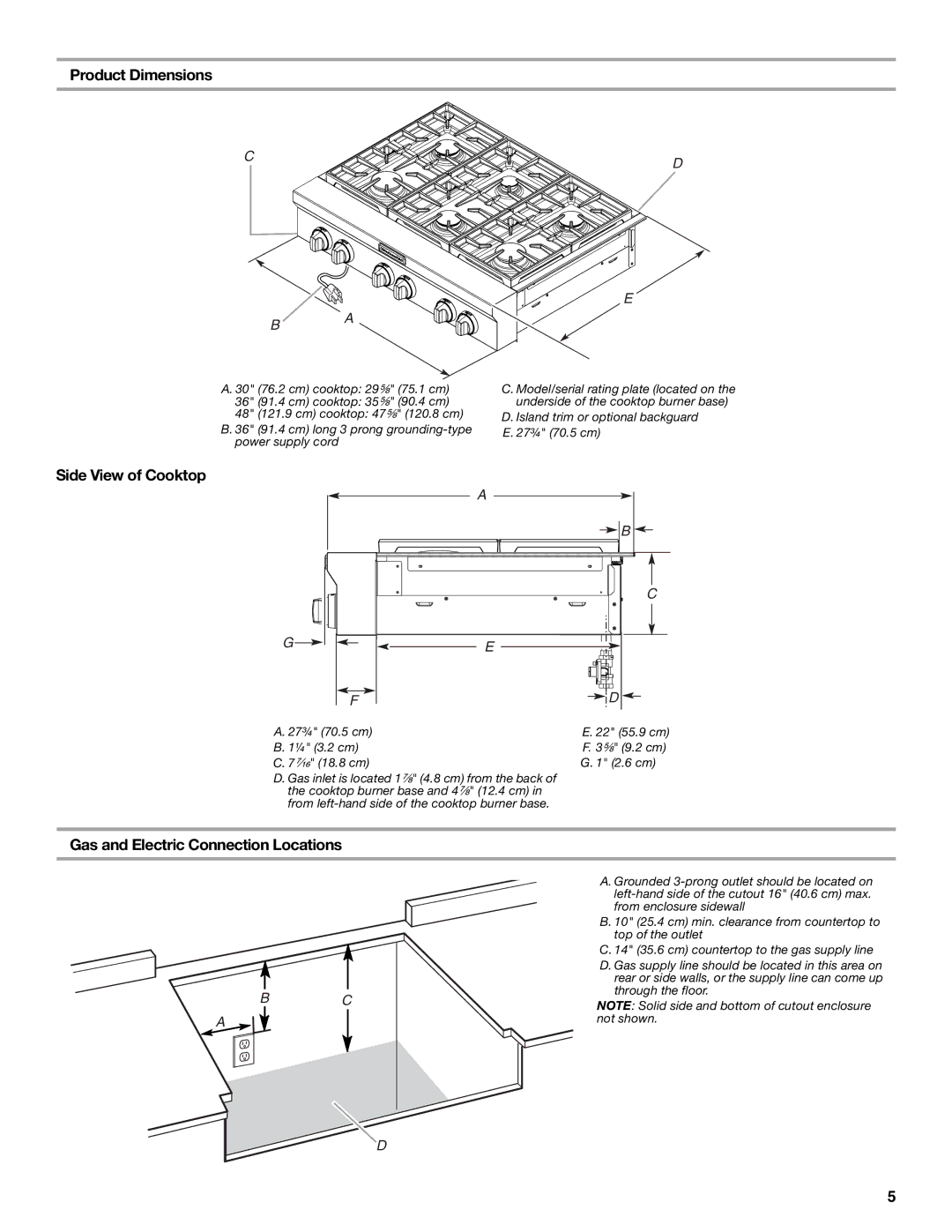 KitchenAid W10271686B Product Dimensions, Side View of Cooktop, Gas and Electric Connection Locations 