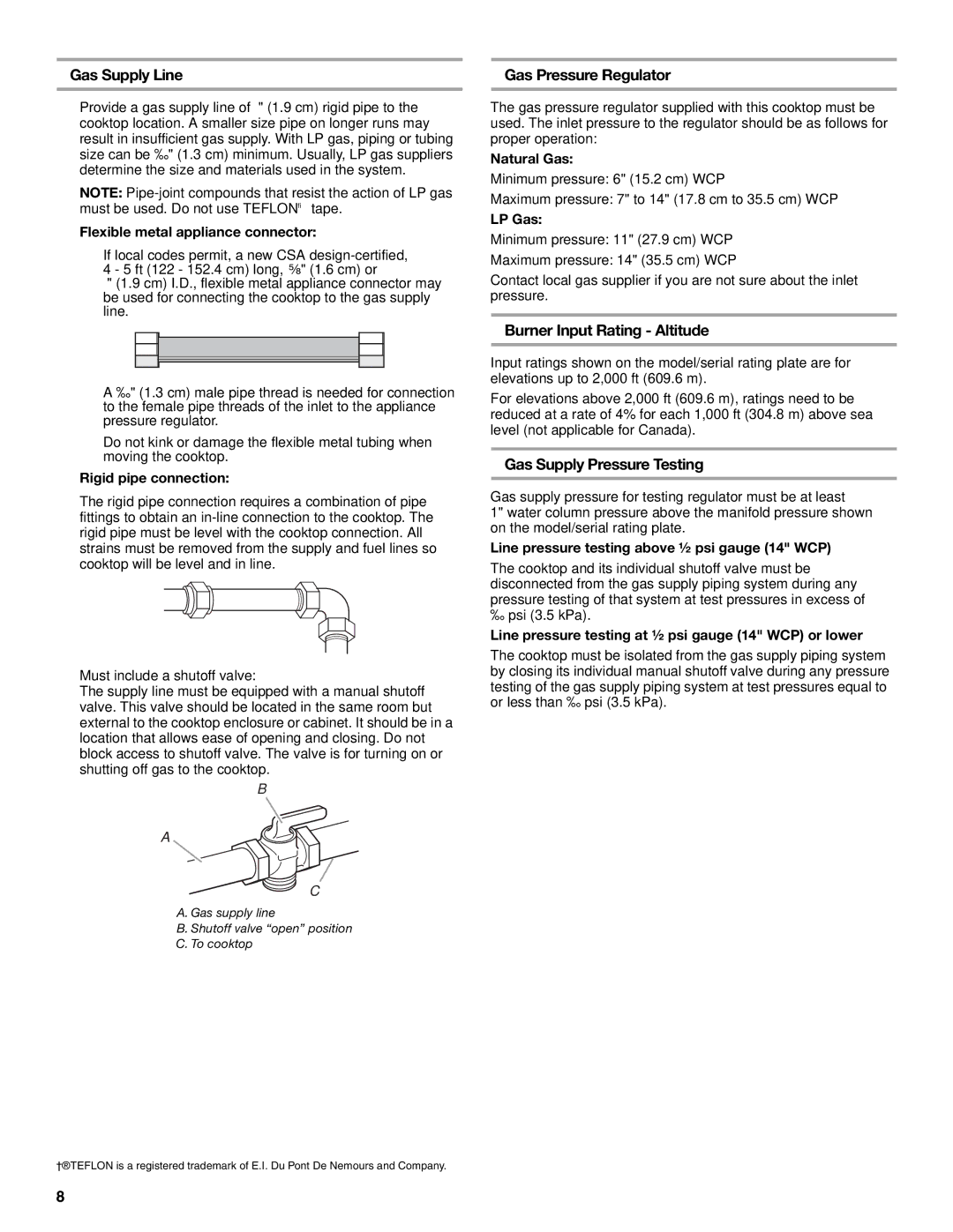 KitchenAid W10271686B Gas Supply Line, Gas Pressure Regulator, Burner Input Rating Altitude, Gas Supply Pressure Testing 