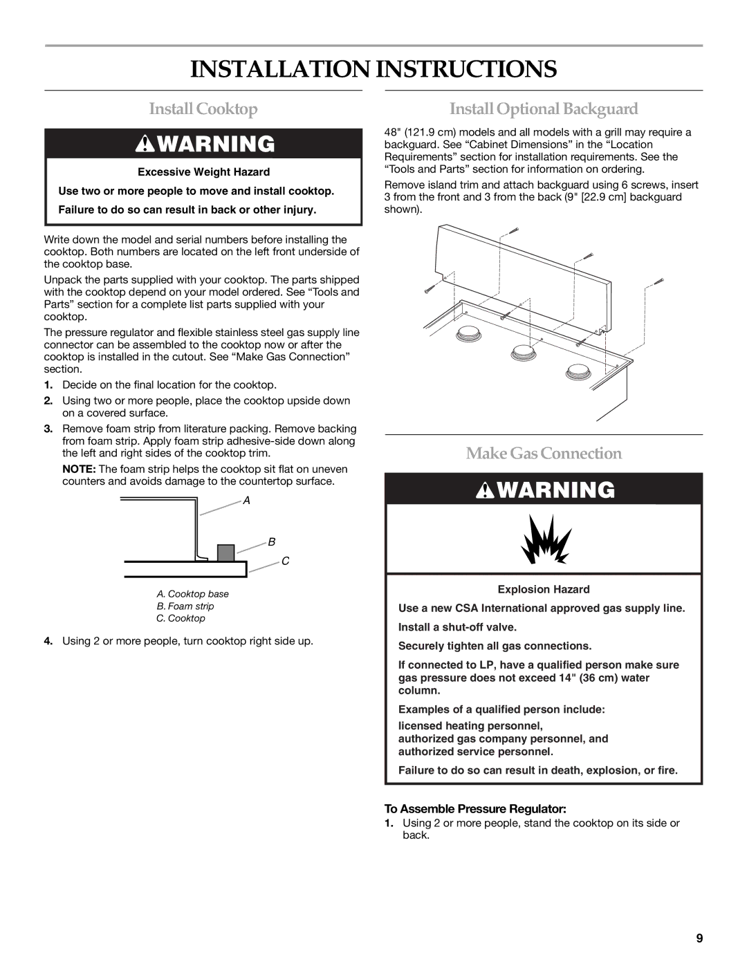 KitchenAid W10271686B Installation Instructions, Install Cooktop, Install Optional Backguard, Make Gas Connection 