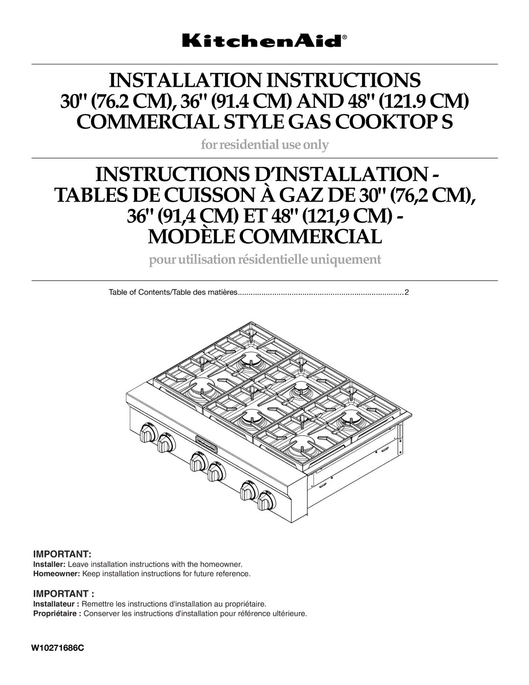 KitchenAid W10271686C installation instructions Pourutilisationrésidentielleuniquement 