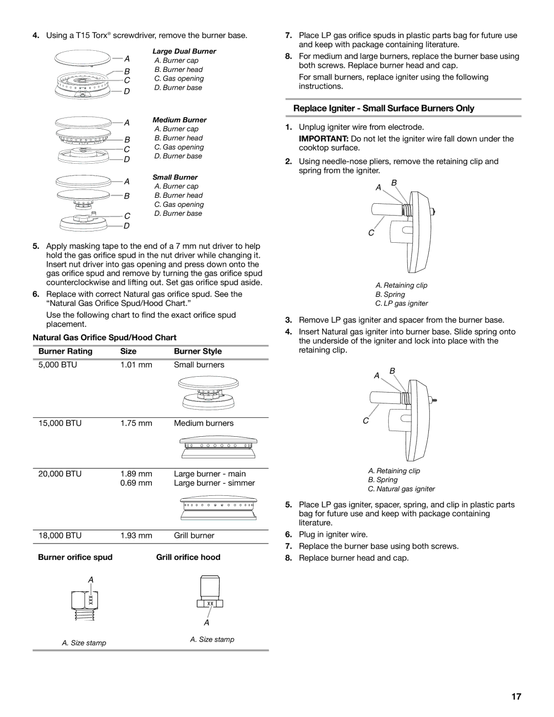 KitchenAid W10271686C installation instructions BTU 01 mm Small burners 