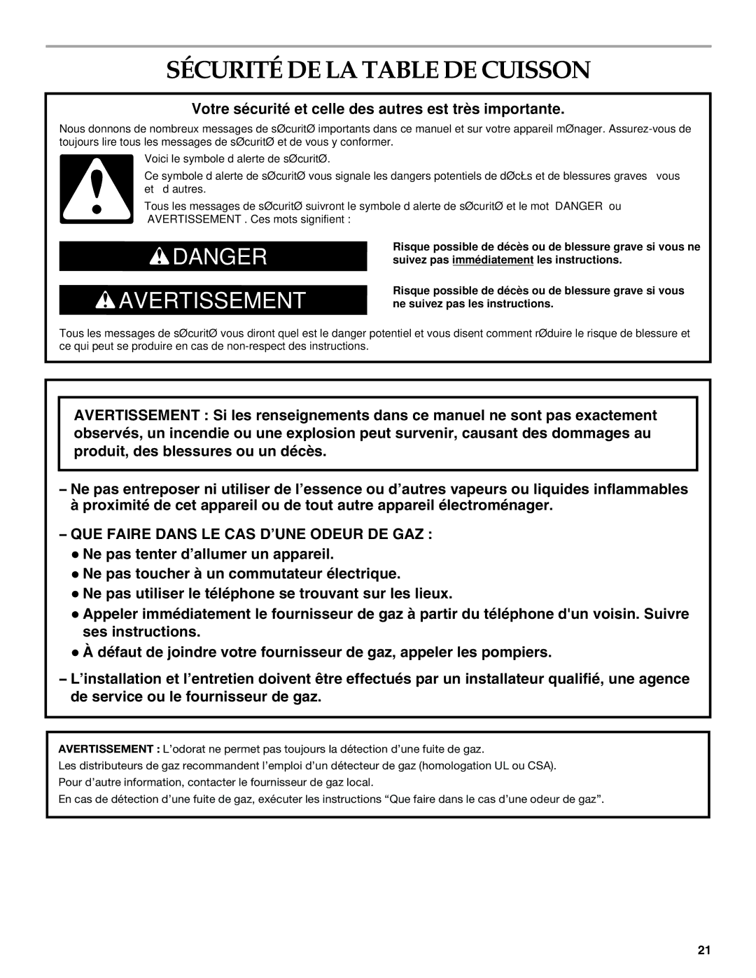 KitchenAid W10271686C Sécurité DE LA Table DE Cuisson, Votre sécurité et celle des autres est très importante 