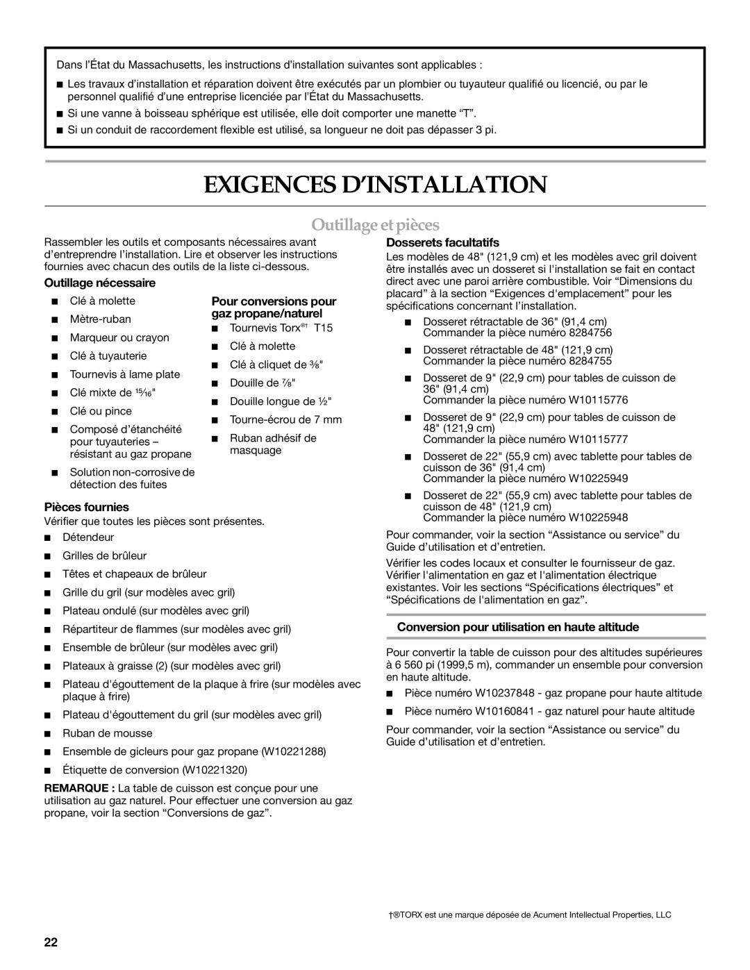 KitchenAid W10271686C installation instructions Exigences D’INSTALLATION, Outillage et pièces 