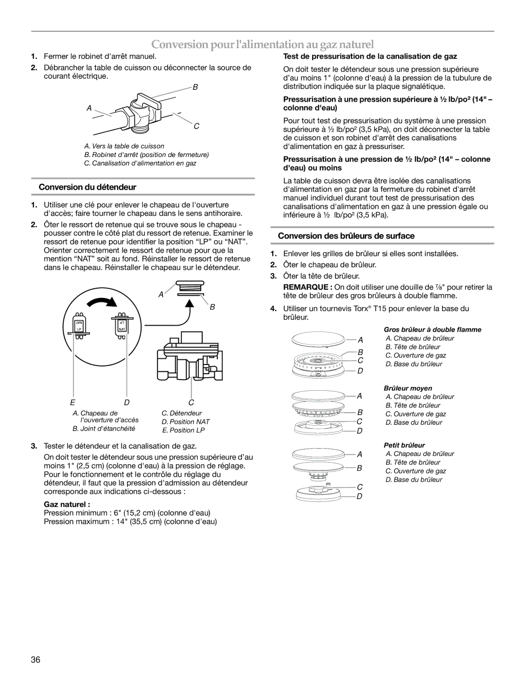 KitchenAid W10271686C installation instructions Conversionpourlalimentation augaz naturel, Conversion du détendeur 