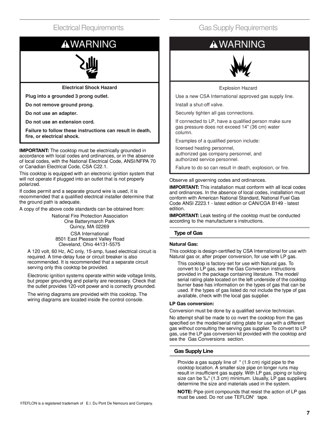 KitchenAid W10271686C Electrical Requirements, Gas Supply Requirements, Type of Gas, Gas Supply Line 