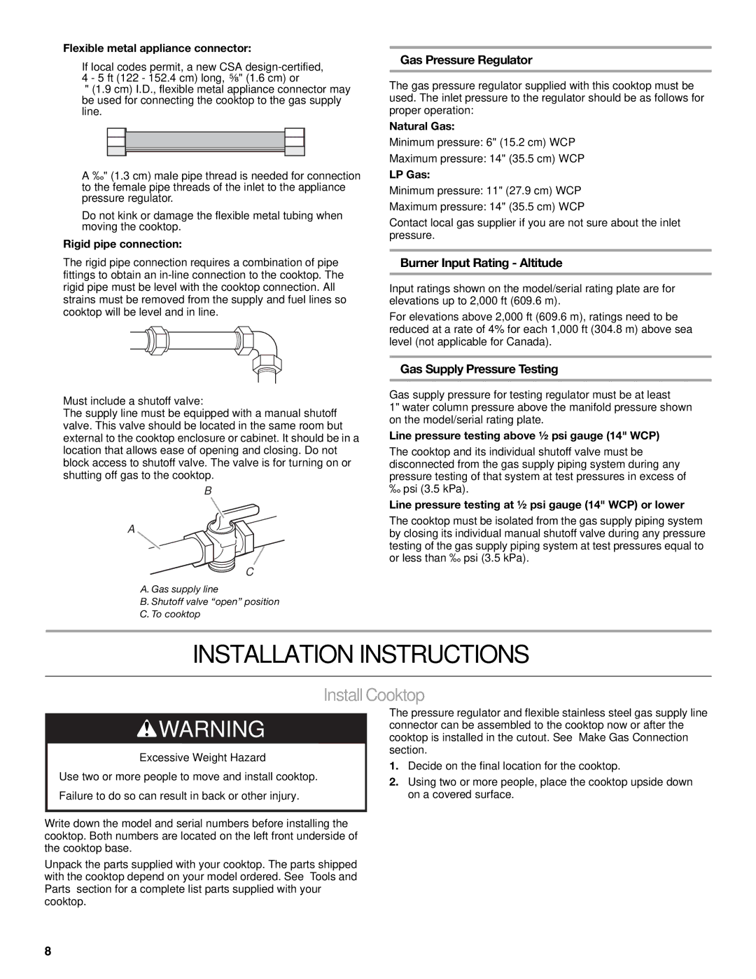 KitchenAid W10271686C Installation Instructions, Install Cooktop, Gas Pressure Regulator, Burner Input Rating Altitude 