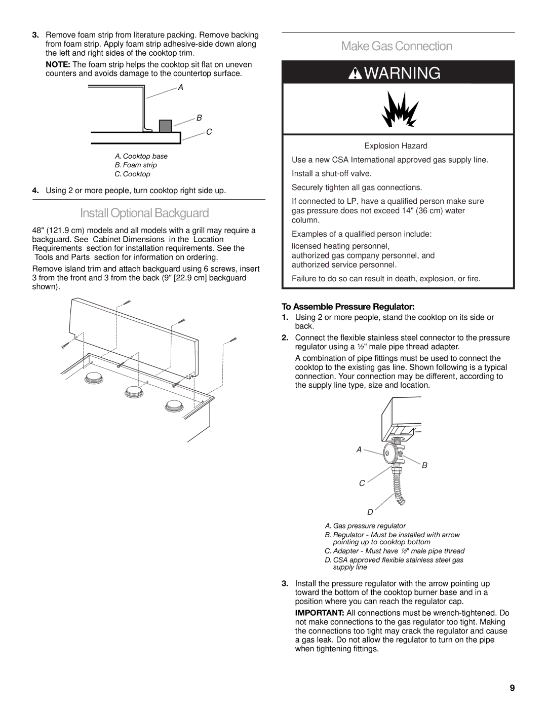 KitchenAid W10271686C InstallOptional Backguard, Make Gas Connection, To Assemble Pressure Regulator 