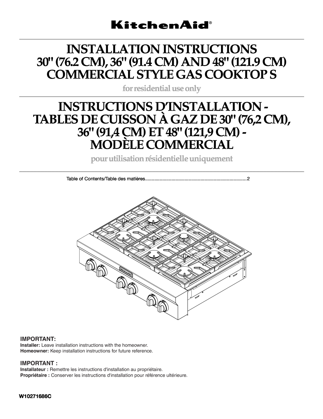 KitchenAid W10271686C installation instructions INSTALLATION INSTRUCTIONS 30 76.2 CM, 36 91.4 CM AND 48 121.9 CM 
