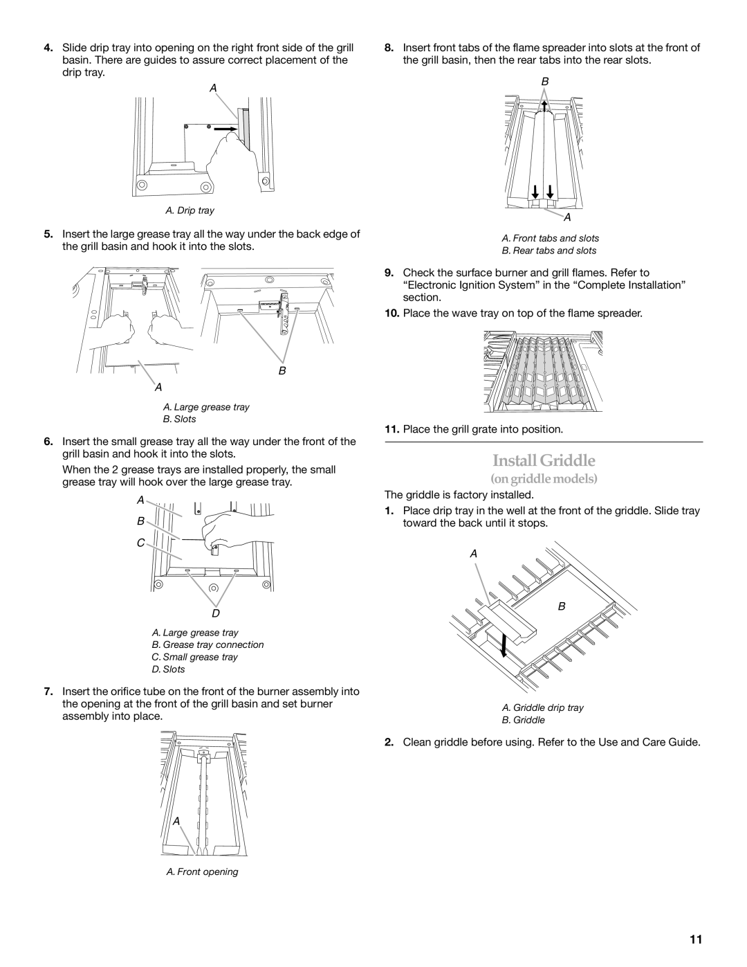 KitchenAid W10271686C installation instructions Install Griddle, on griddle models, A B C D 