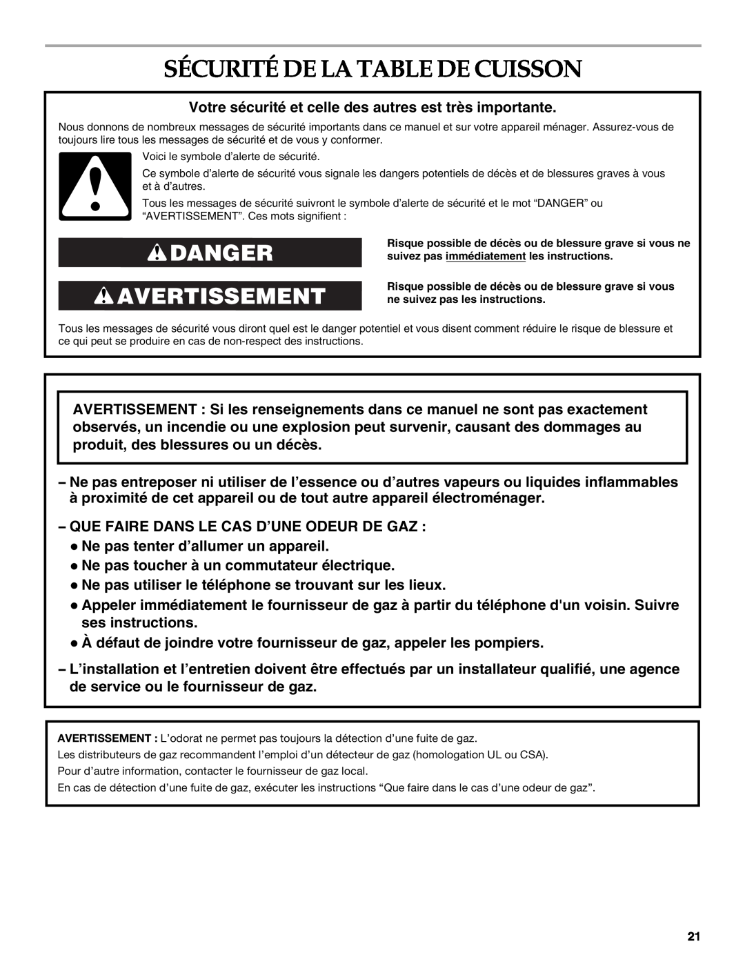 KitchenAid W10271686C installation instructions Sécurité De La Table De Cuisson, Danger Avertissement 