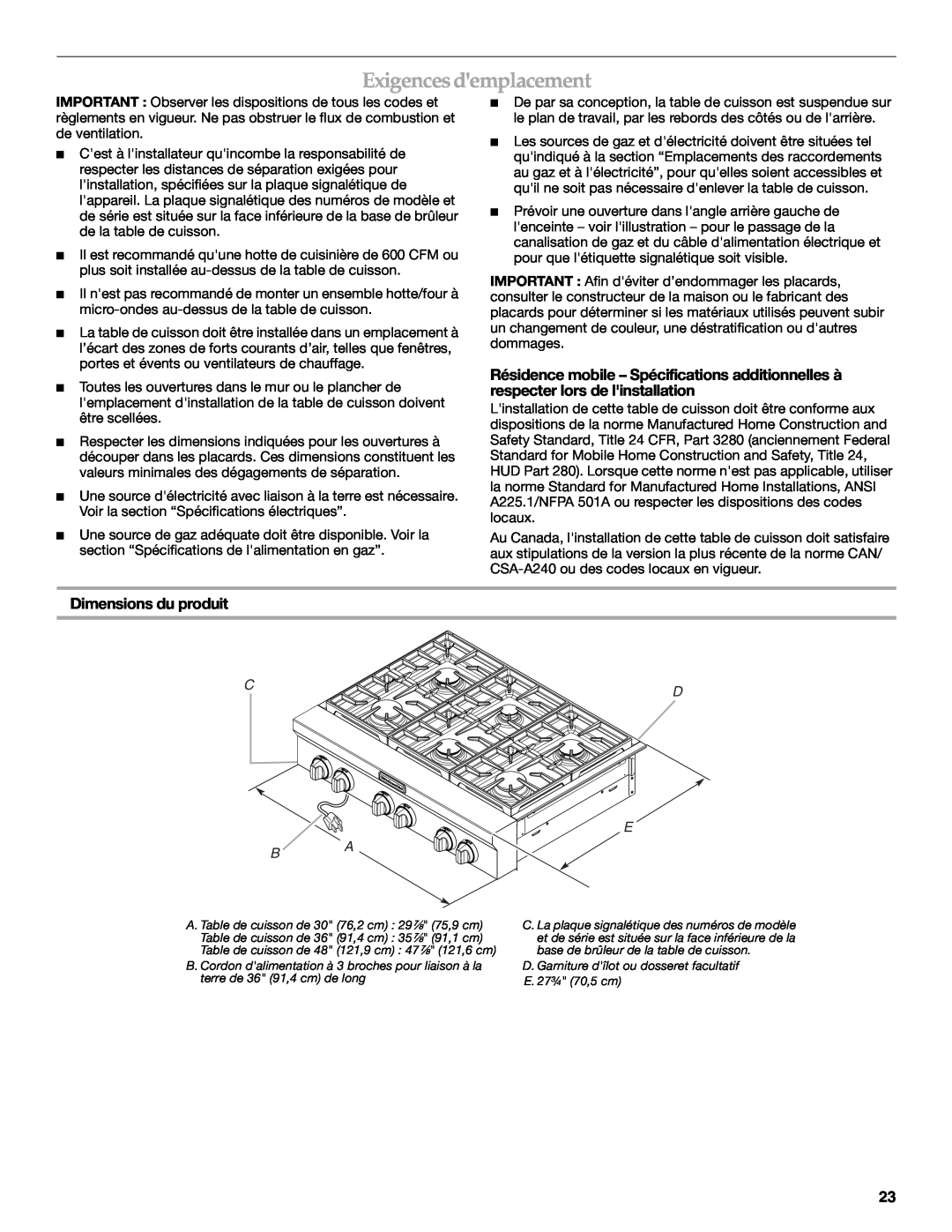 KitchenAid W10271686C installation instructions Exigences demplacement, Dimensions du produit, Cd E B A 