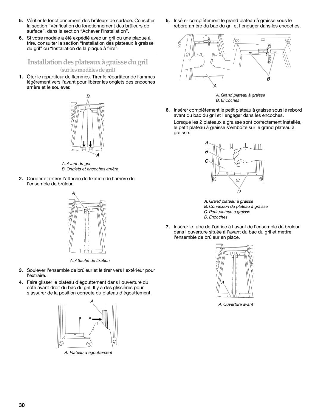 KitchenAid W10271686C installation instructions Installationdes plateaux àgraissedugril, sur les modèlesde gril, A B C D 