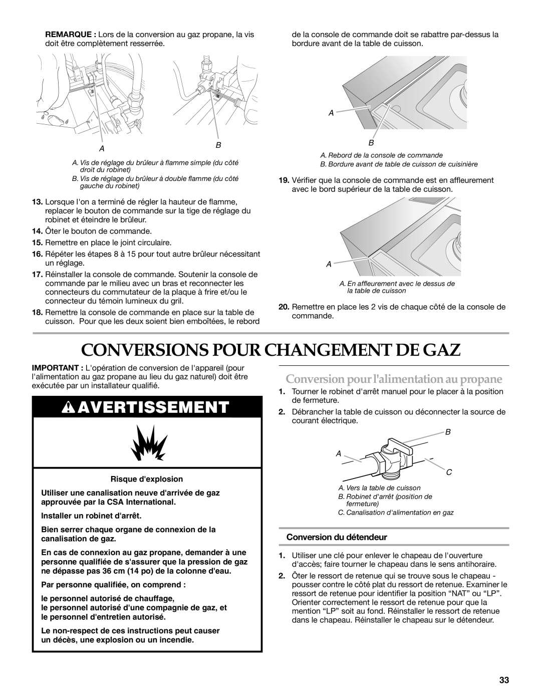 KitchenAid W10271686C Conversions Pour Changement De Gaz, Avertissement, Conversion pourlalimentationaupropane, B A C 