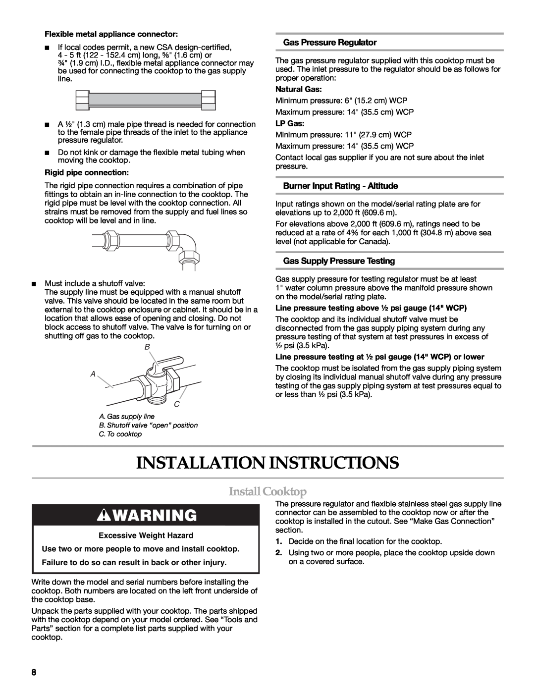 KitchenAid W10271686C Installation Instructions, Install Cooktop, Gas Pressure Regulator, Burner Input Rating - Altitude 